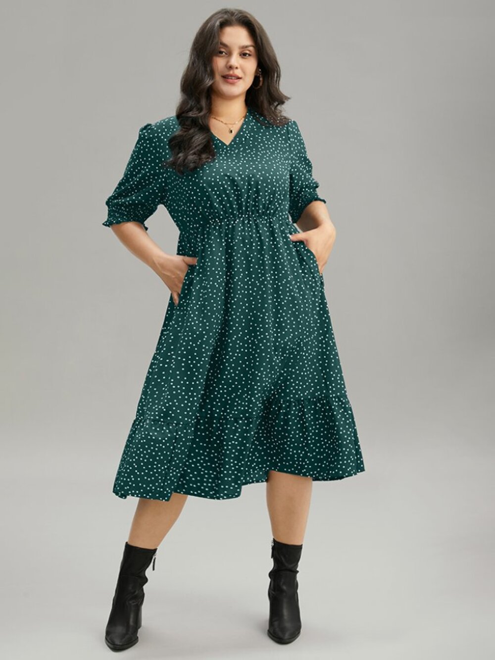 Polka Dot Shirred Pocket Flutter Hem Dress